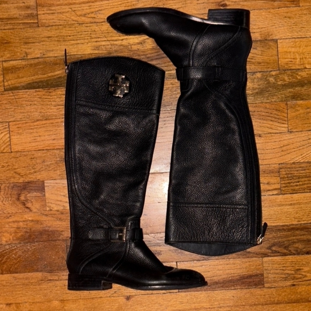 Tory Burch Claire Riding Boots Black Tumbled Leather Gold Hardware - Picture 3 of 11
